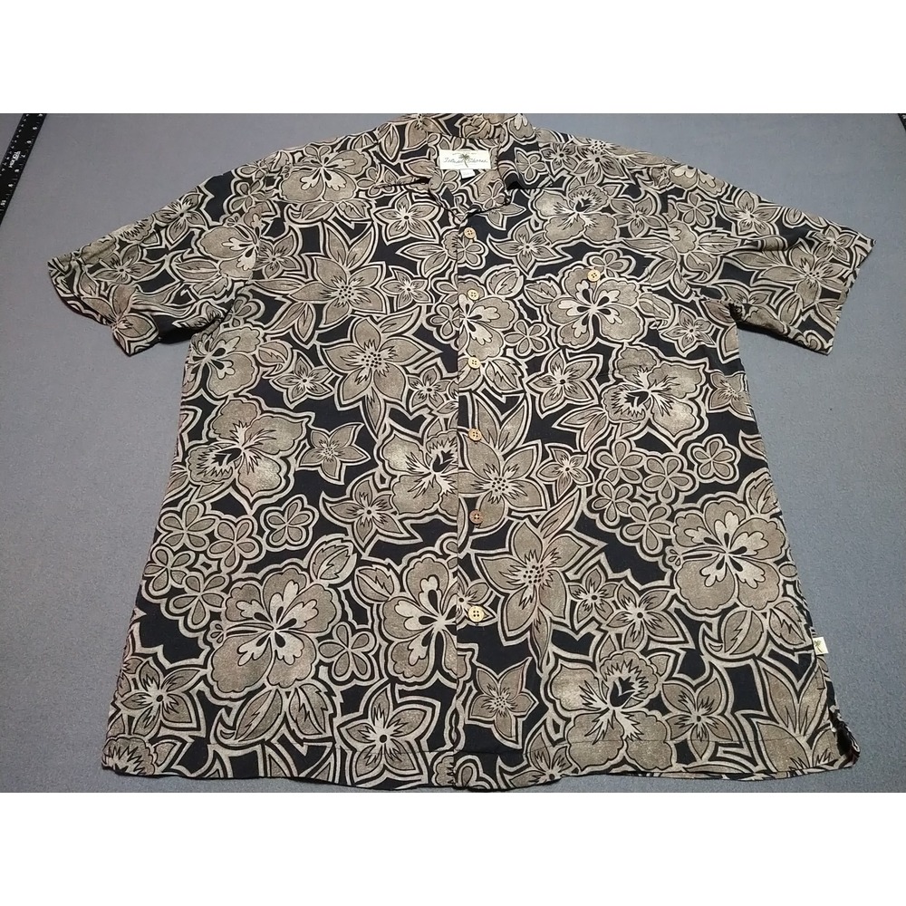 Island Shores Hawaiian Shirt Men L‎ Black/Brown Floral Tropical Vacation Travel
